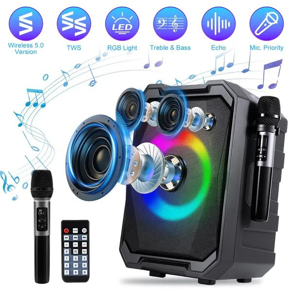 Black portable wireless party speaker with RGB LED ring light, two mics, and remote