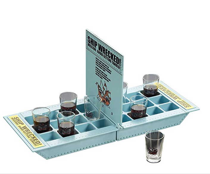 Pirate ship drinking game tray with shot glasses and instruction card