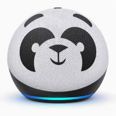 Light grey smart speaker with panda face graphic and blue light ring
