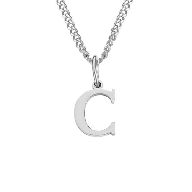 Letter C pendant necklace, stainless steel finish, with curb chain and loop clasp