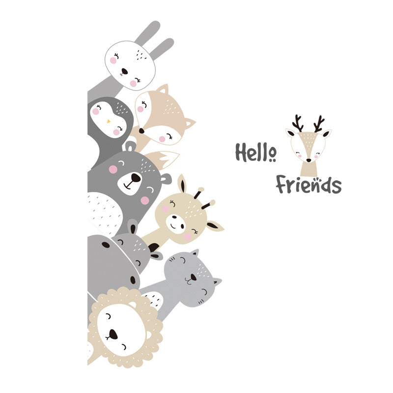 Smiling animal wall stickers with rabbit, bear, fox, lion, and wolf faces