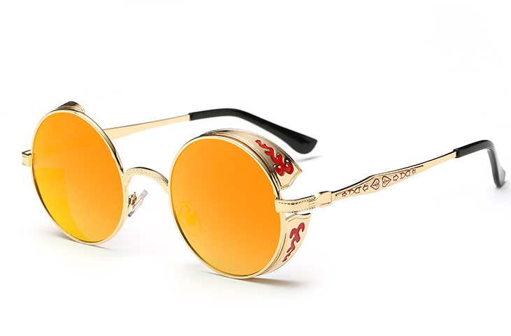 Women’s round sunglasses with orange mirrored lenses, gold frames and black temples