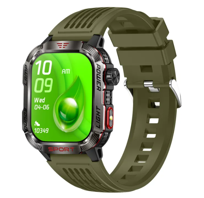 HT29 smart watch, green sport band with green orb screen and AM readout