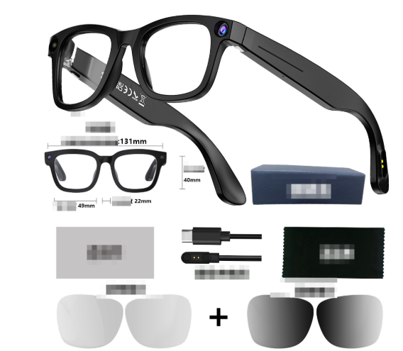 Black AI smart glasses with interchangeable lens set shown in an overview.