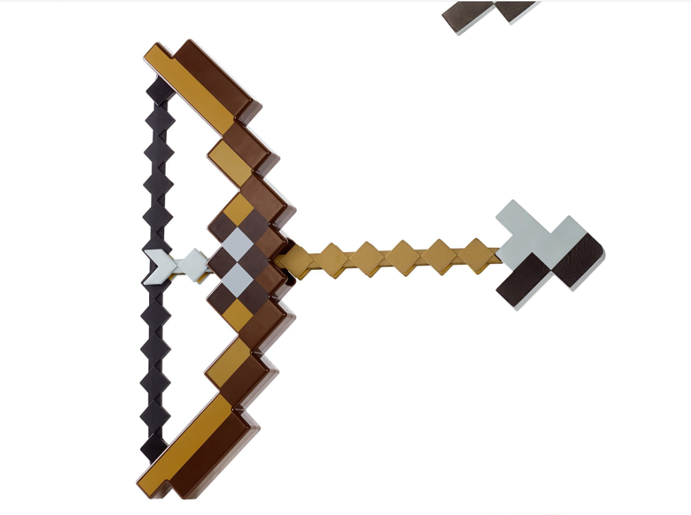 Yellow plastic bow and arrow set showing arched bow and checkered arrow pieces