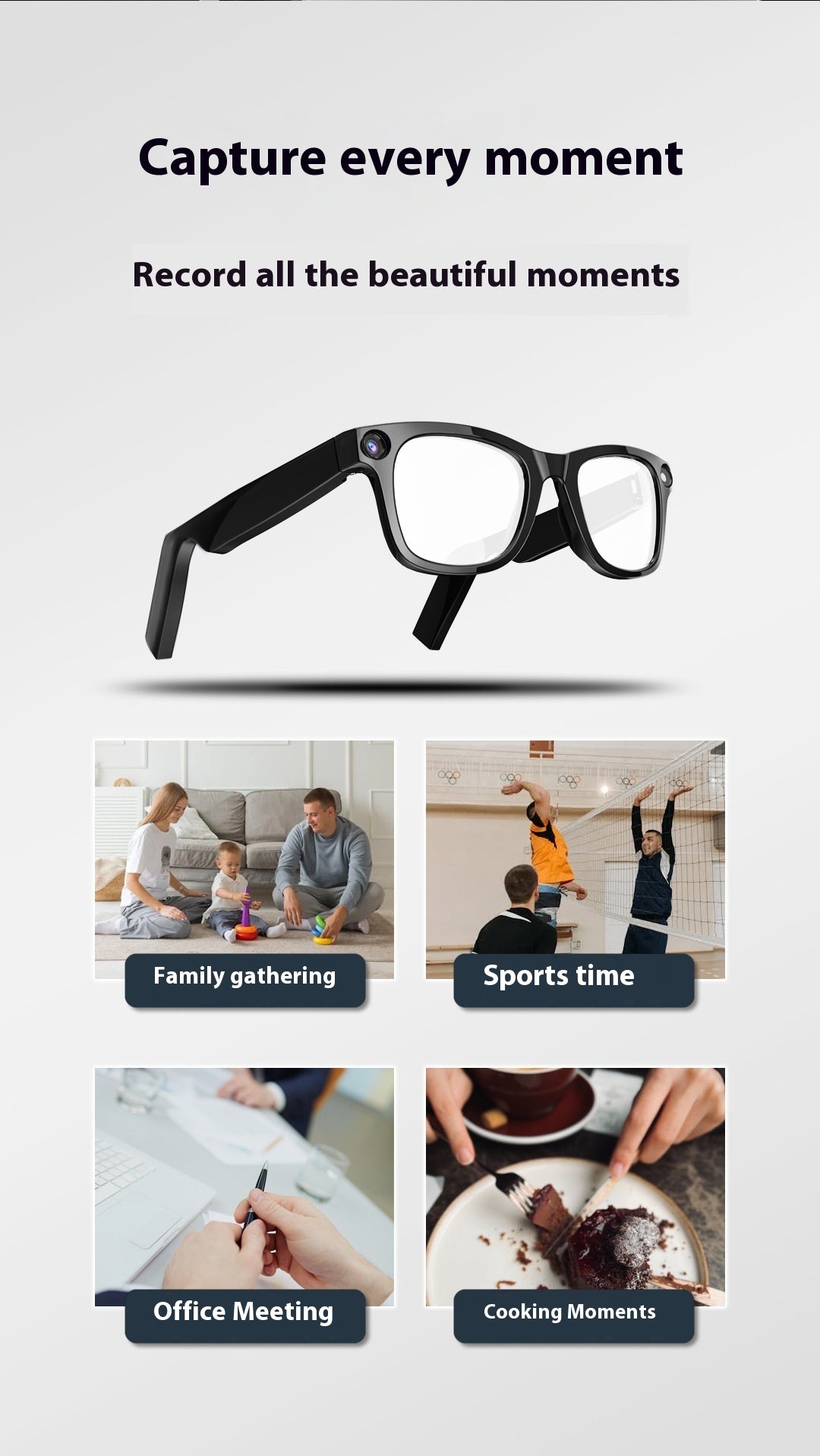 AI Camera Smart Glasses, black glasses with built-in camera lens on the frame