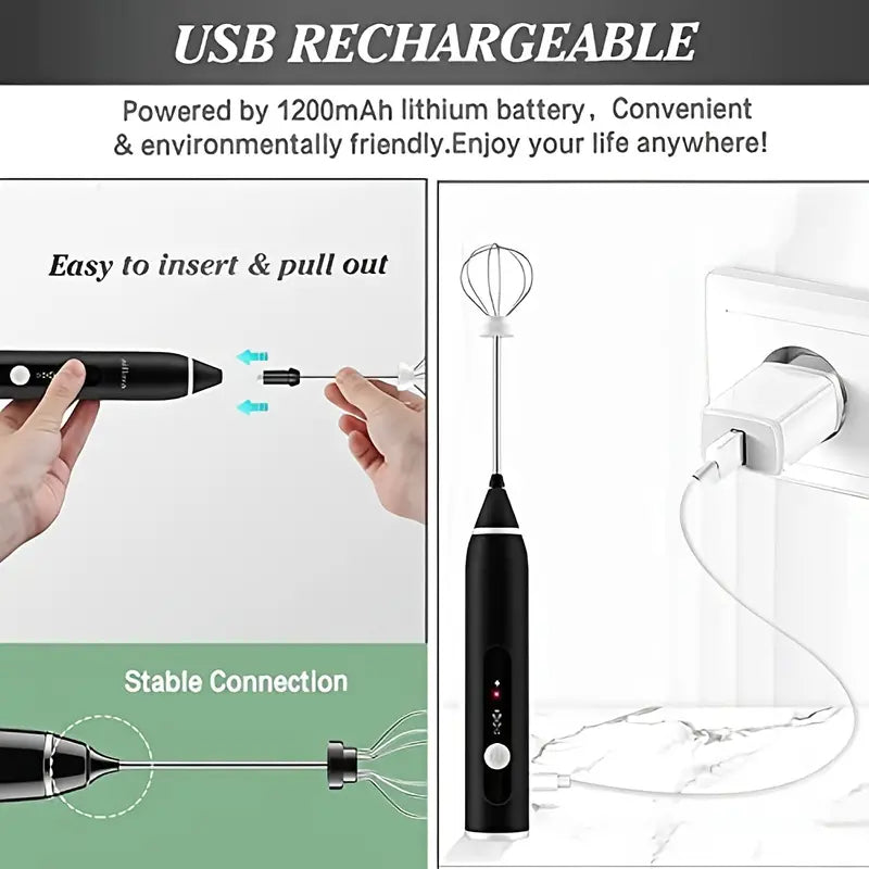 USB rechargeable milk frother with black handle, charging indicator and speed settings