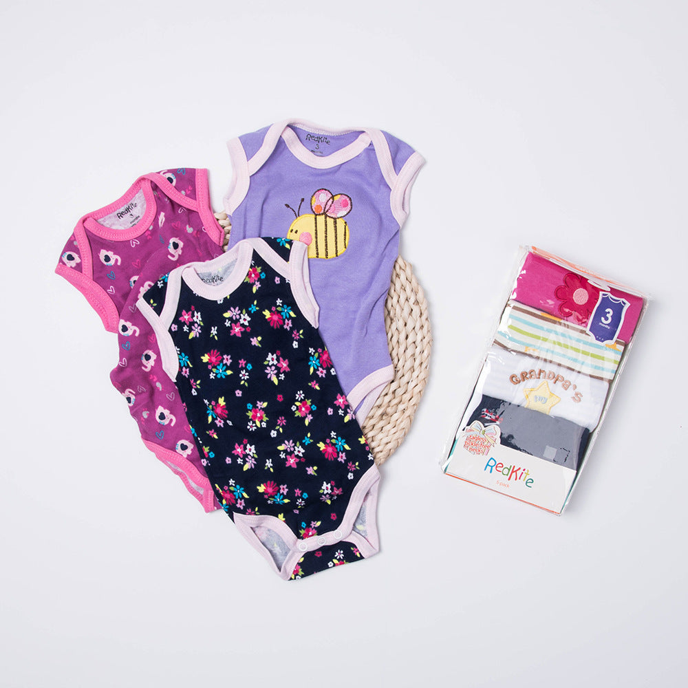 Purple, pink, and navy sleeveless cotton bodysuits with cartoon prints