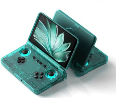 Retroid Pocket Flip2 handheld game console in transparent blue, flip-open with OLED screen