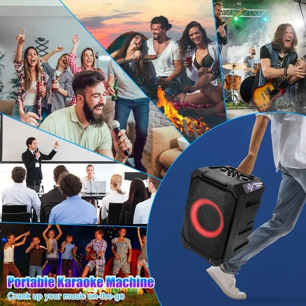 Portable karaoke party speaker with microphone set; compact black speaker with LED light