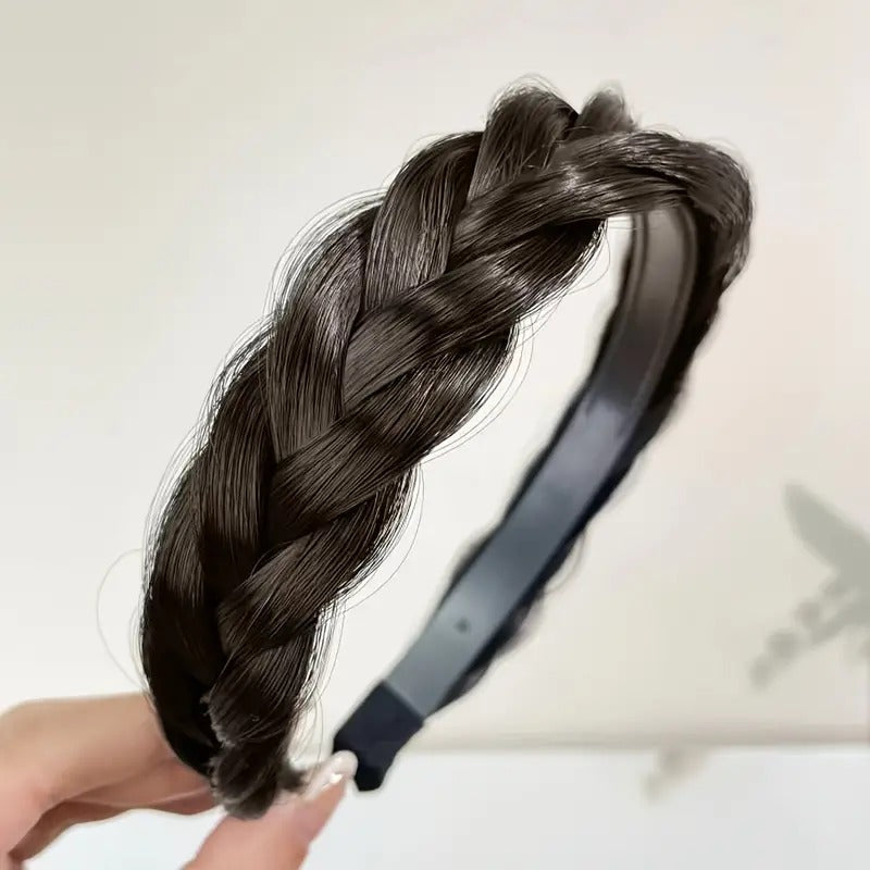 Four-strand twist braid headband in dark brown with braided strands