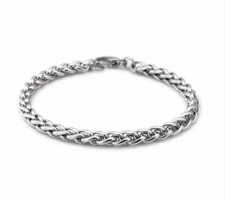Stainless steel rope chain bracelet, silver Cuban link style, flat view
