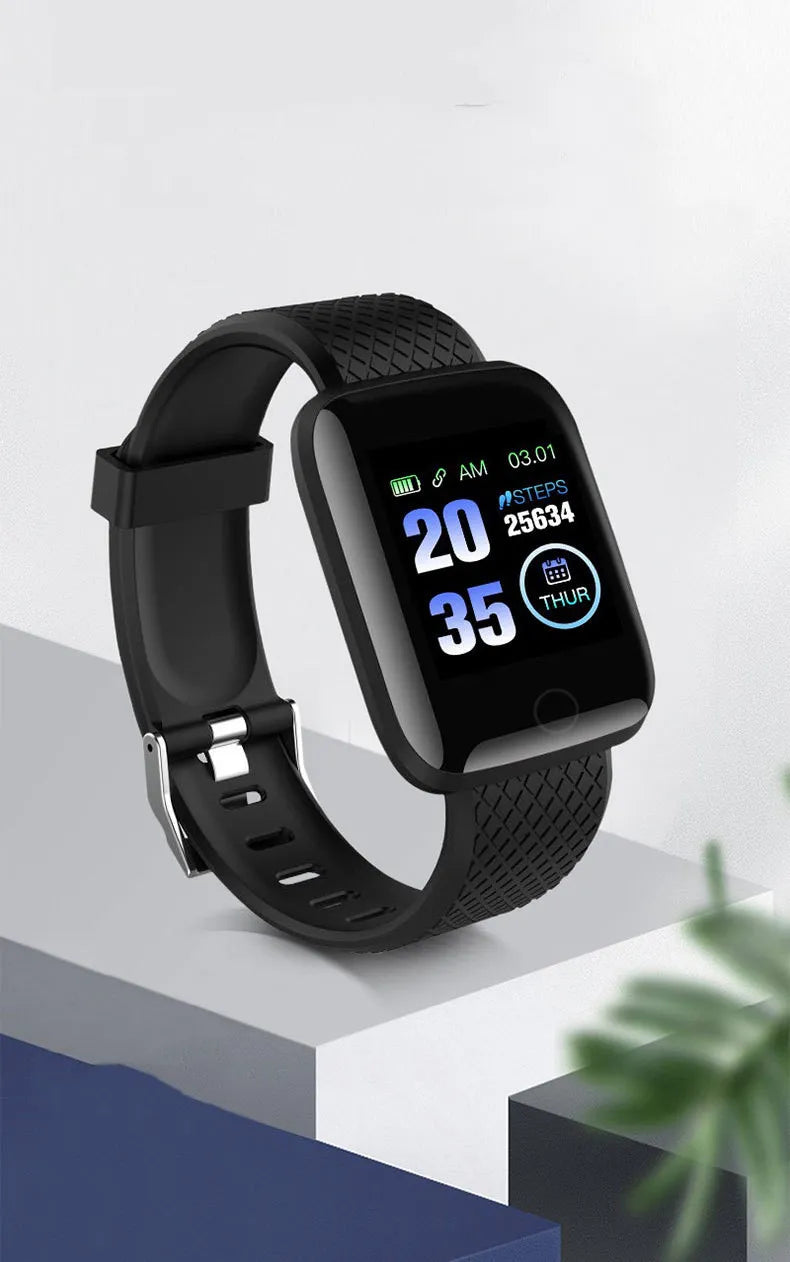 Waterproof unisex smart watch with black silicone strap and black frame, steps on display
