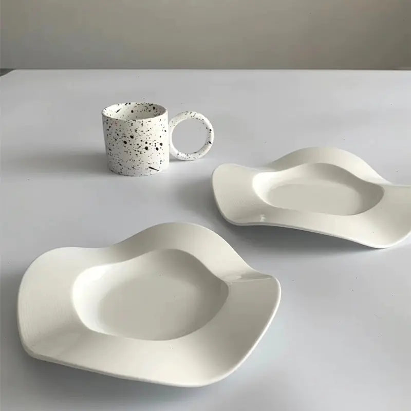 Trendbend wave-shaped ceramic snack plates, two white side dishes with deep oval wells