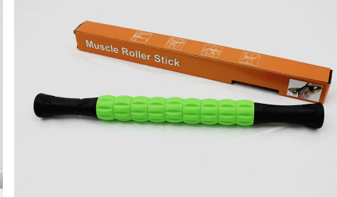 Muscle massage stick with green roller beads and black end grips