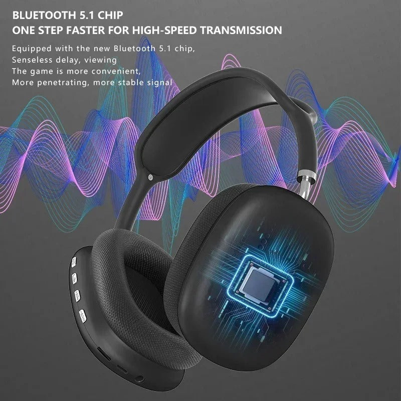 P9 Wireless Bluetooth-Kopfhörer, schwarze Over-Ear Kopfhörer mit seitlichem Anschlussbereich