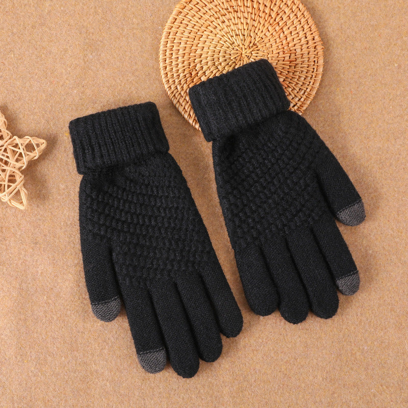 Black knitted touch screen gloves with textured knit and ribbed cuffs