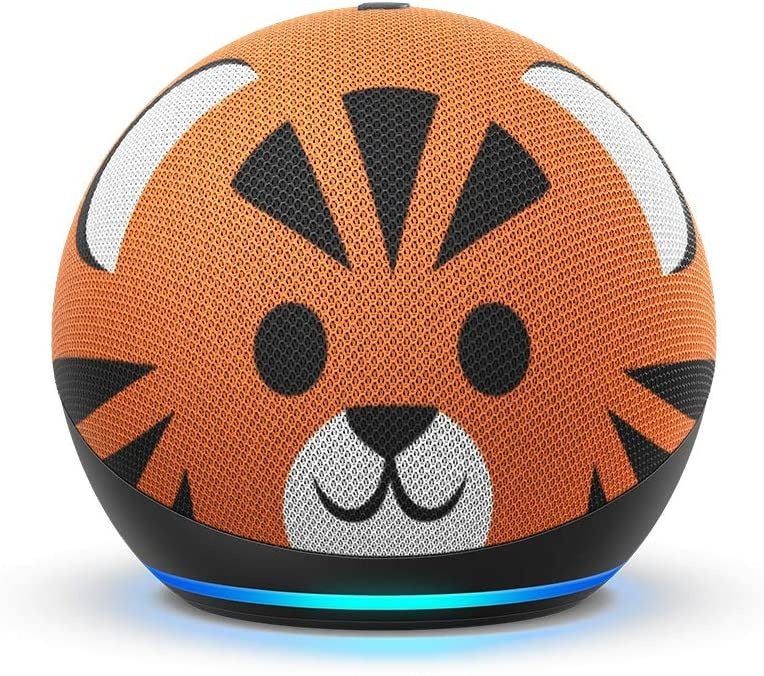 Orange smart speaker with lion face design and blue light ring