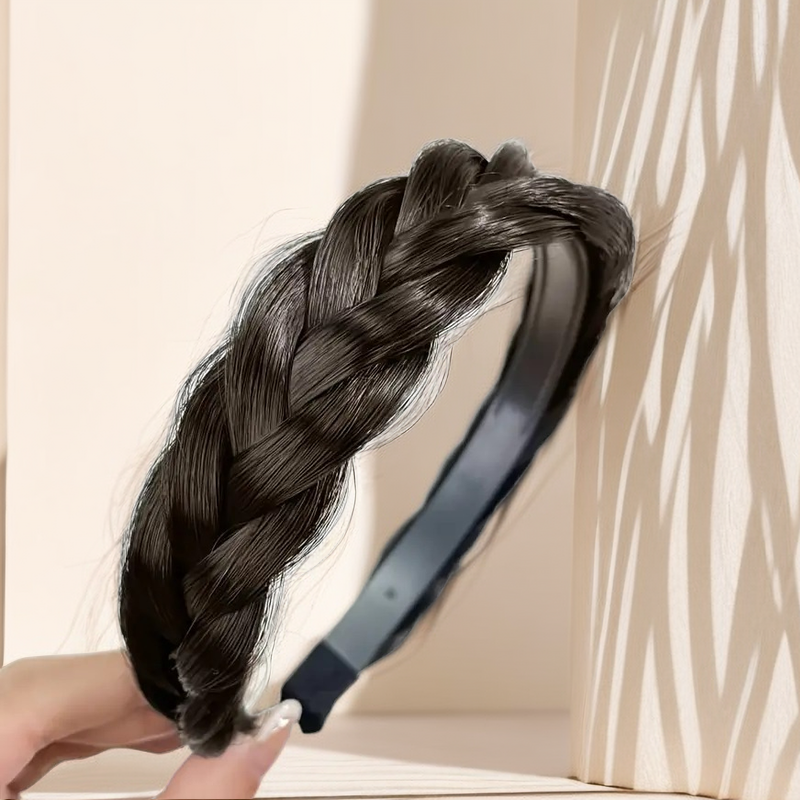 Four-strand twist braid headband in dark brown, smooth woven braid