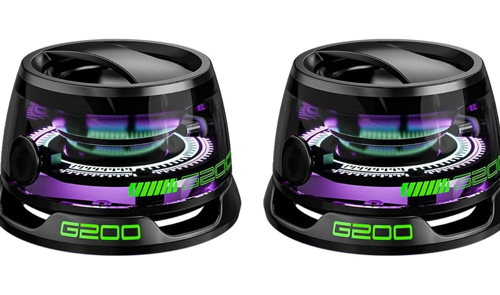 Pair of mini Bluetooth magnetic wireless speakers, both black with purple and green LED glow