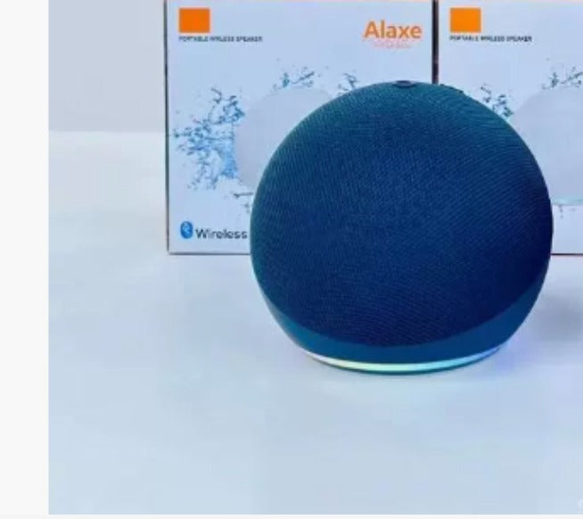 Alexa-fähiger Smart Speaker in Blau, rundes Design mit blauer LED-Ringbeleuchtung