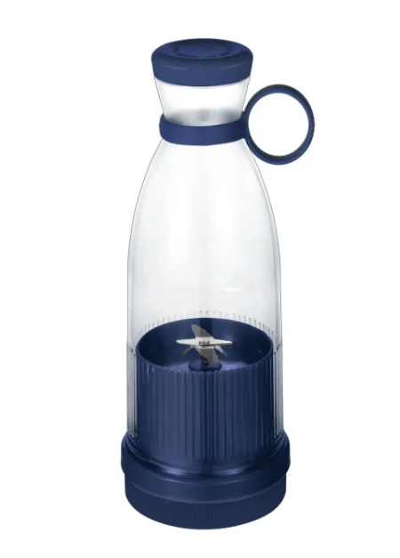 PureBlend USB-Mixer mit blauer Kappe, transparentem Glas und Ringgriff