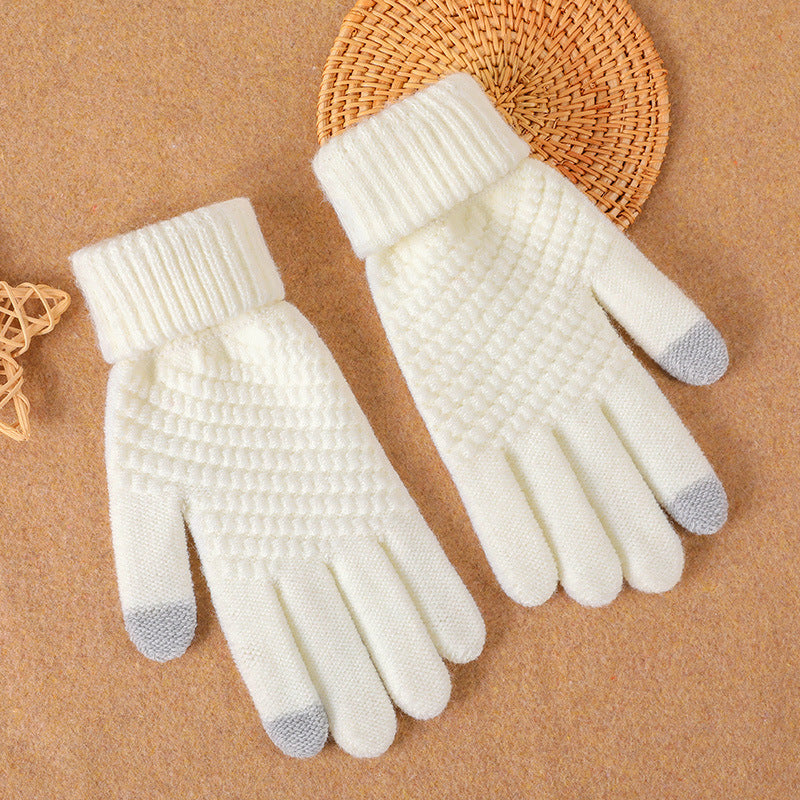 White knitted touch screen gloves with ribbed cuffs and grey fingertips