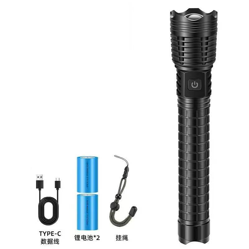 Rechargeable LED flashlight with Type-C cable, two batteries, and lanyard