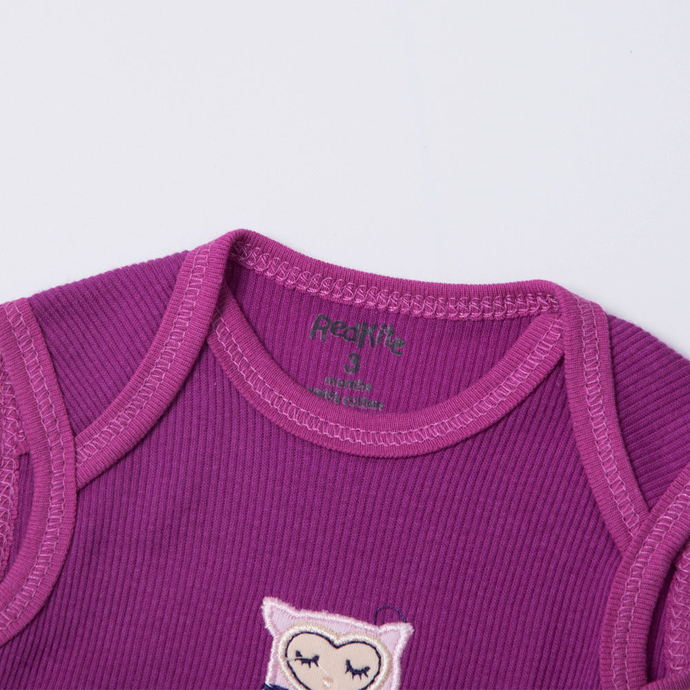 Purple sleeveless baby bodysuit close-up with cute cartoon animal face patch