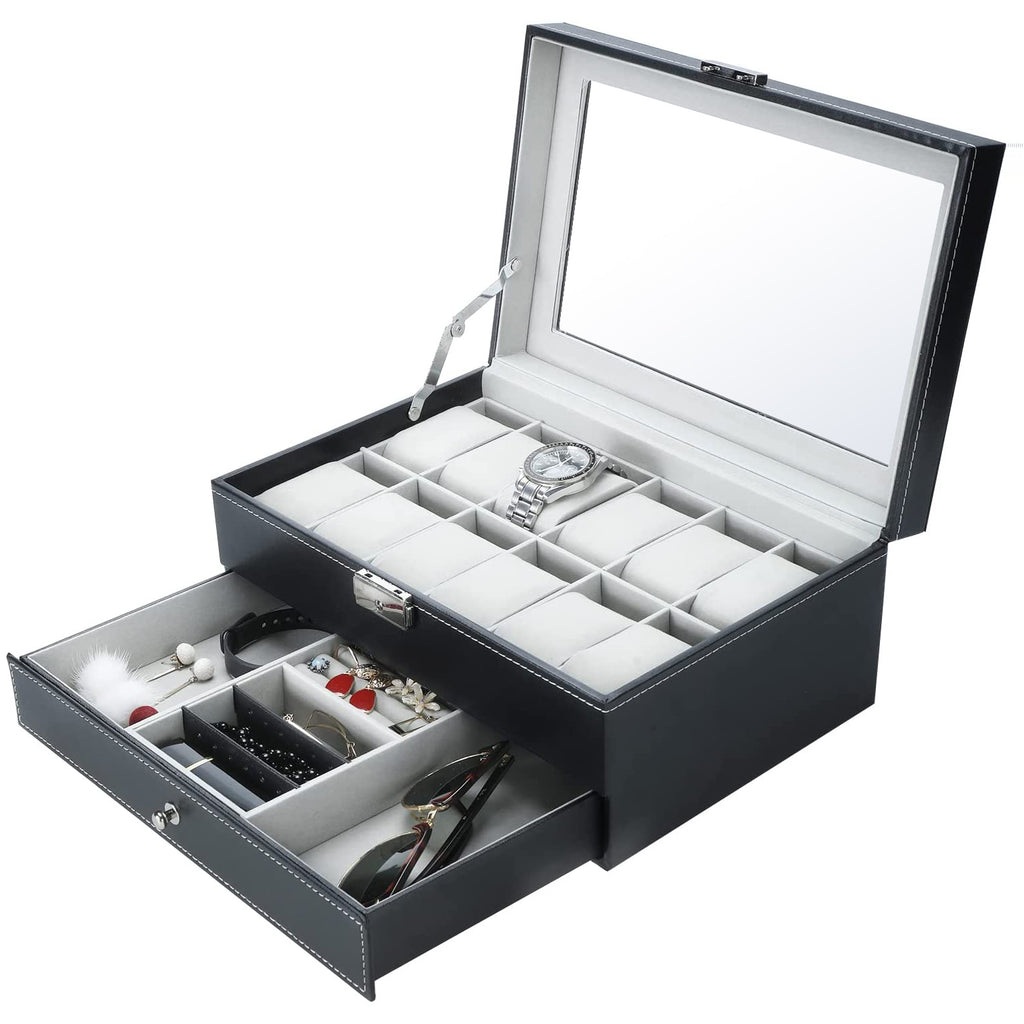 Black jewelry and watch display box open, top trays and bottom ring compartments