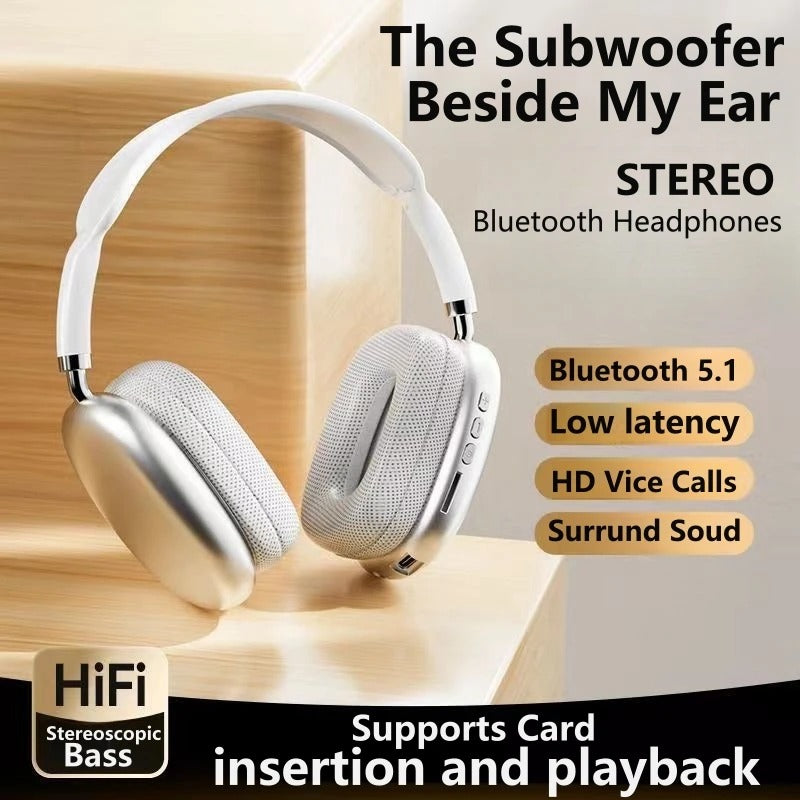 P9 Wireless Bluetooth-Kopfhörer, silberfarbene Over-Ear Muscheln mit seitlichen Anschlüssen