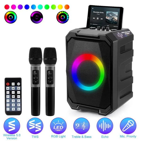 Portable wireless speaker with two black mics, RGB LED ring, and remote control