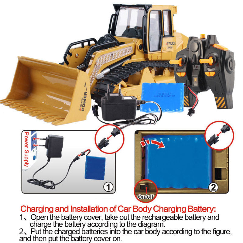 Yellow RC bulldozer excavator toy with battery pack and power/wiring details