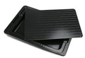 Black quick-thawing plate with ridged surface and stacked base tray for home kitchen use