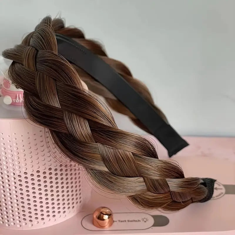 Four-strand twist braid headband in light brown, braided twist