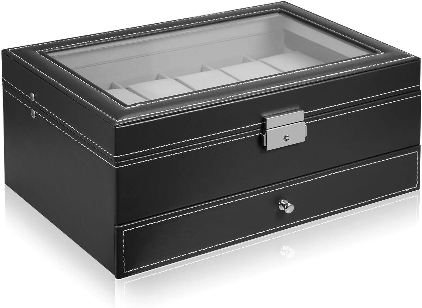 Black double-layer jewelry and watch box with open window lid and front latch