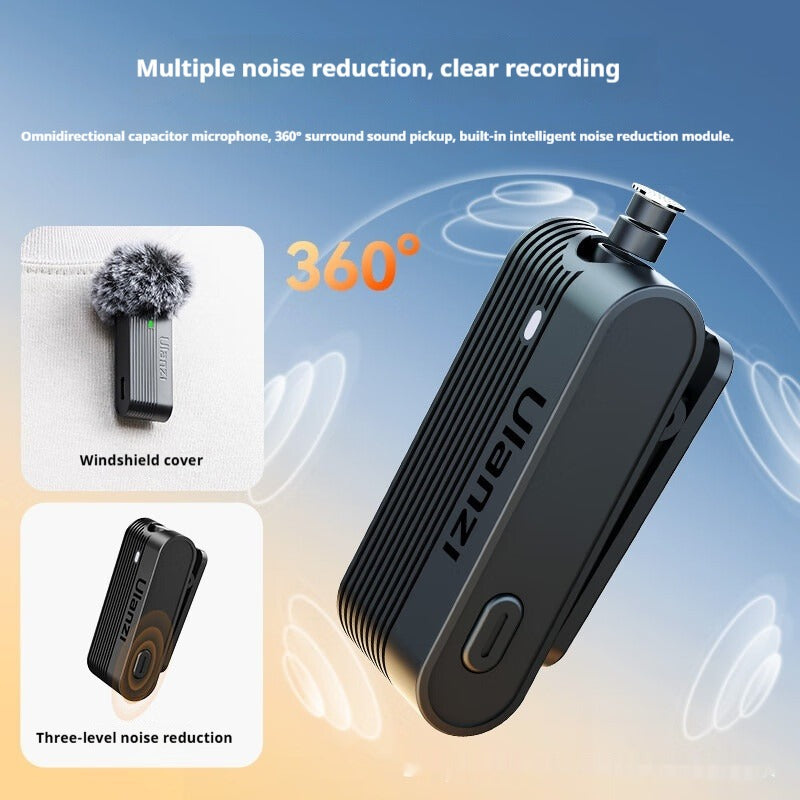 Black A100 wireless lavalier microphone transmitter with foam windscreen and noise-reduction module