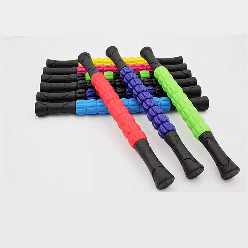 Colorful muscle massage sticks with black ends and raised roller beads in red, purple, green, blue.