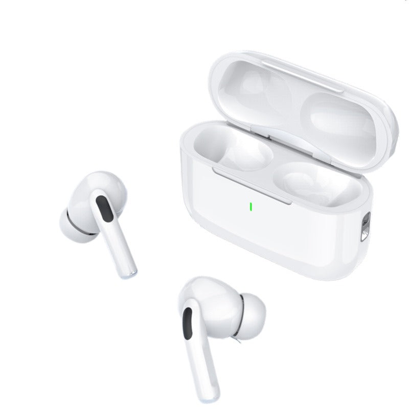 Weiße In-Ear Bluetooth-Kopfhörer mit geöffnetem Ladecase und zwei Ohrstöpseln