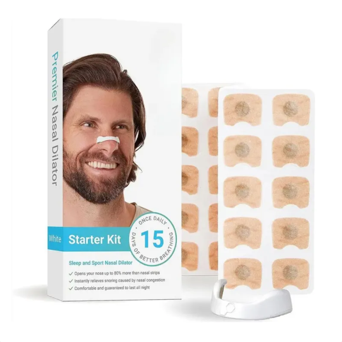 Breathe Easy Nasal Dilators white 15 daily patches starter kit with nasal strip.