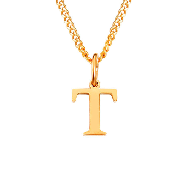 Letter T pendant necklace, gold-tone, with curb chain and loop clasp