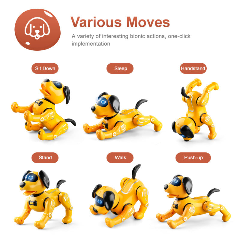 Yellow robot dog toy with one-click actions: sit, sleep, stand, walk, handstand, push-up
