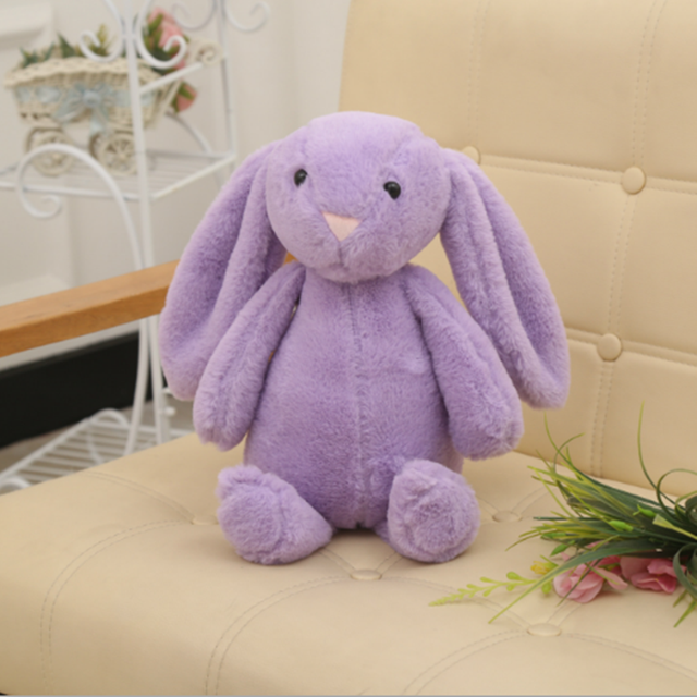 Long-eared bunny plush toy, gray-purple plush with stitched eyes and nose
