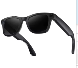 Black AI smart glasses with sunglasses-style dark lenses, front view