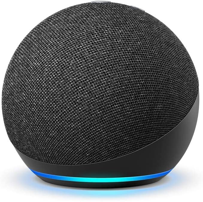 Dark grey textured smart speaker with blue light ring at the base