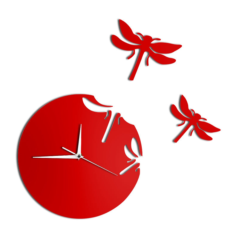 DIY acrylic dragonfly wall clock in red with dragonfly decor and three visible clock hands