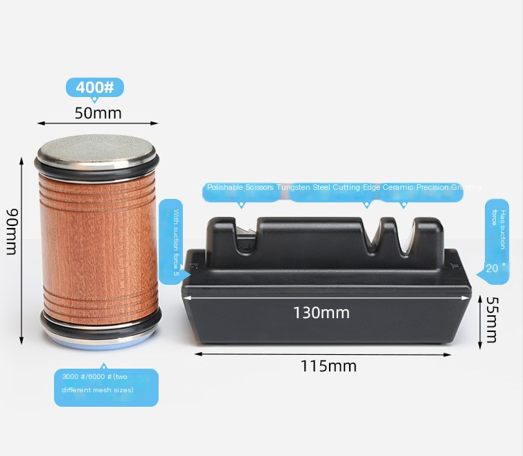 Knife sharpener set diagram with 400# stone size and base dimensions (130x115 mm)