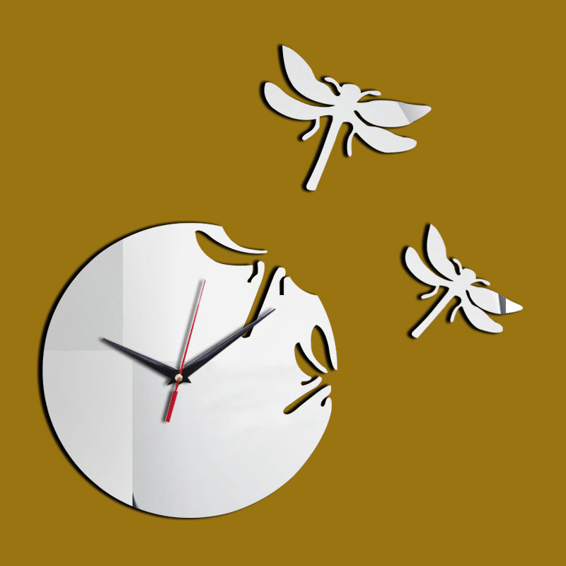 Silver DIY acrylic dragonfly wall clock with a white round face and dragonfly accents