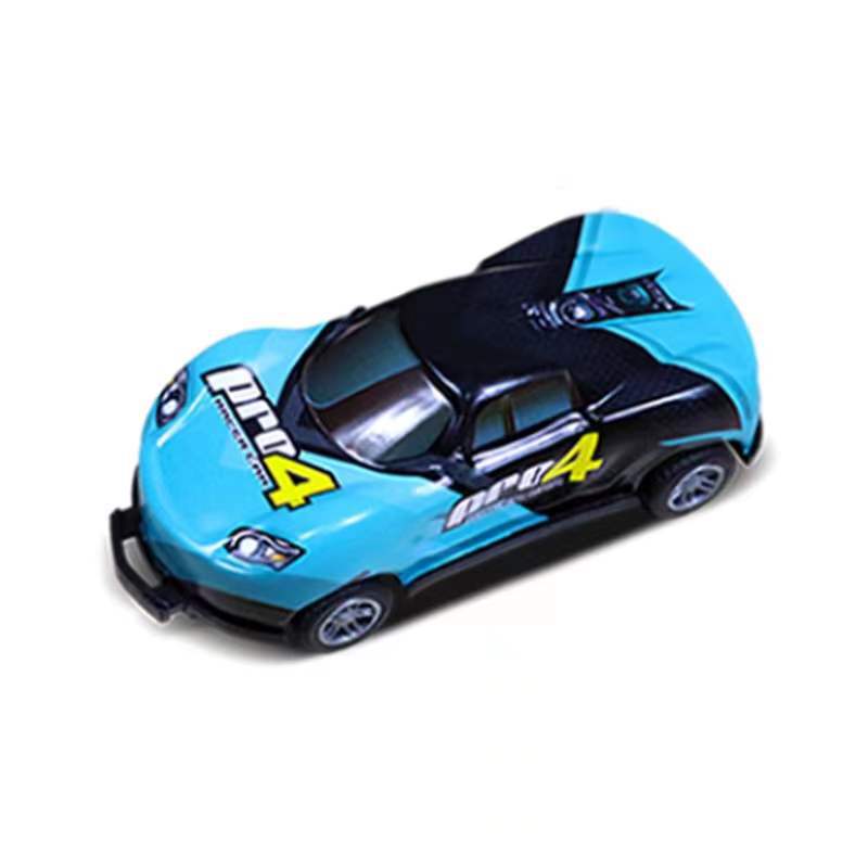 Mini alloy bouncing racing car, light blue and black with Lightning decals