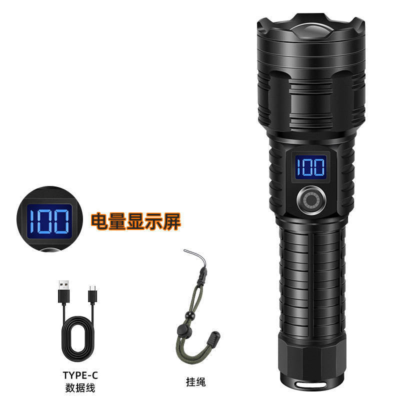 Zoomable rechargeable flashlight with digital power display and central control button